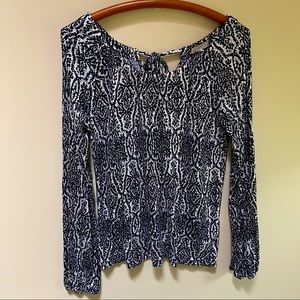 Joie Navy and White Print Top with Back Tie and Keyhole